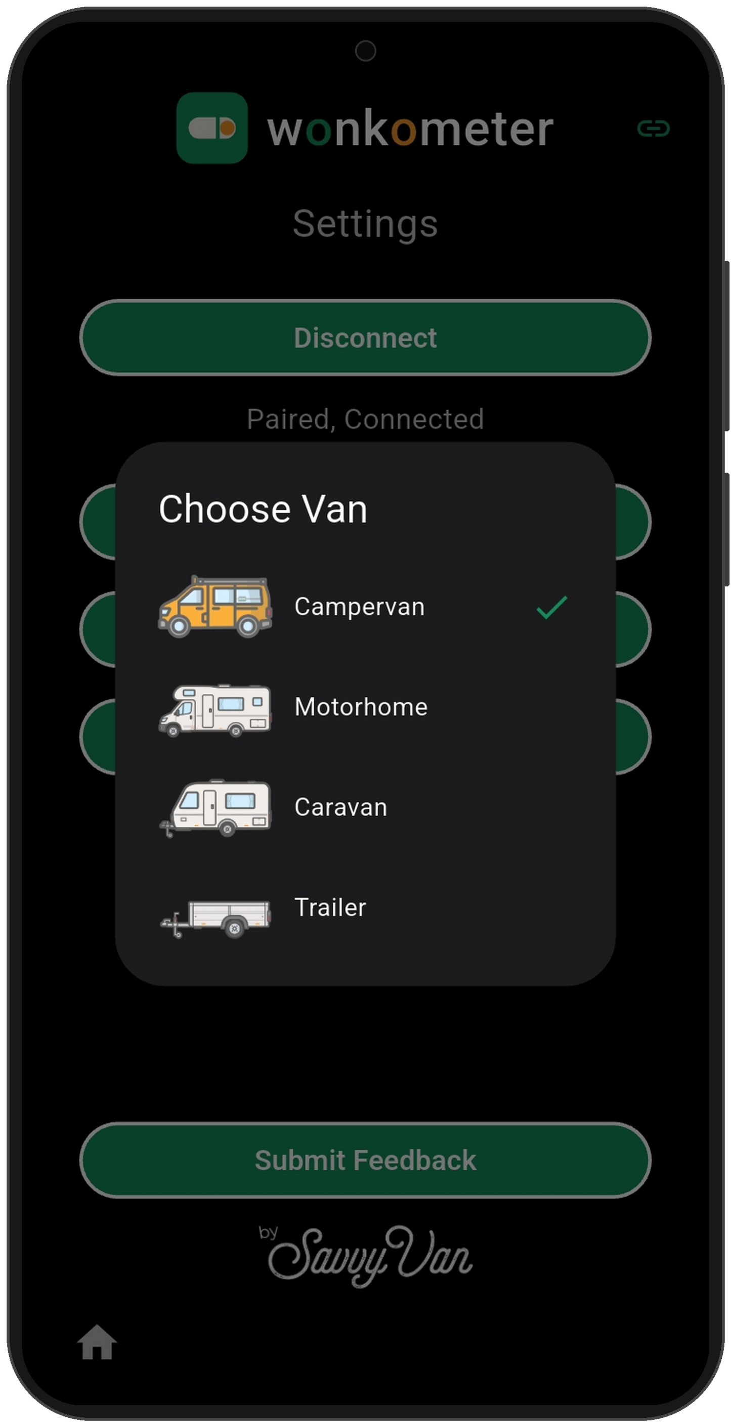 Wonkometer app choose van dialog on a phone listing campervan, motorhome, caravan and trailer with campervan selected