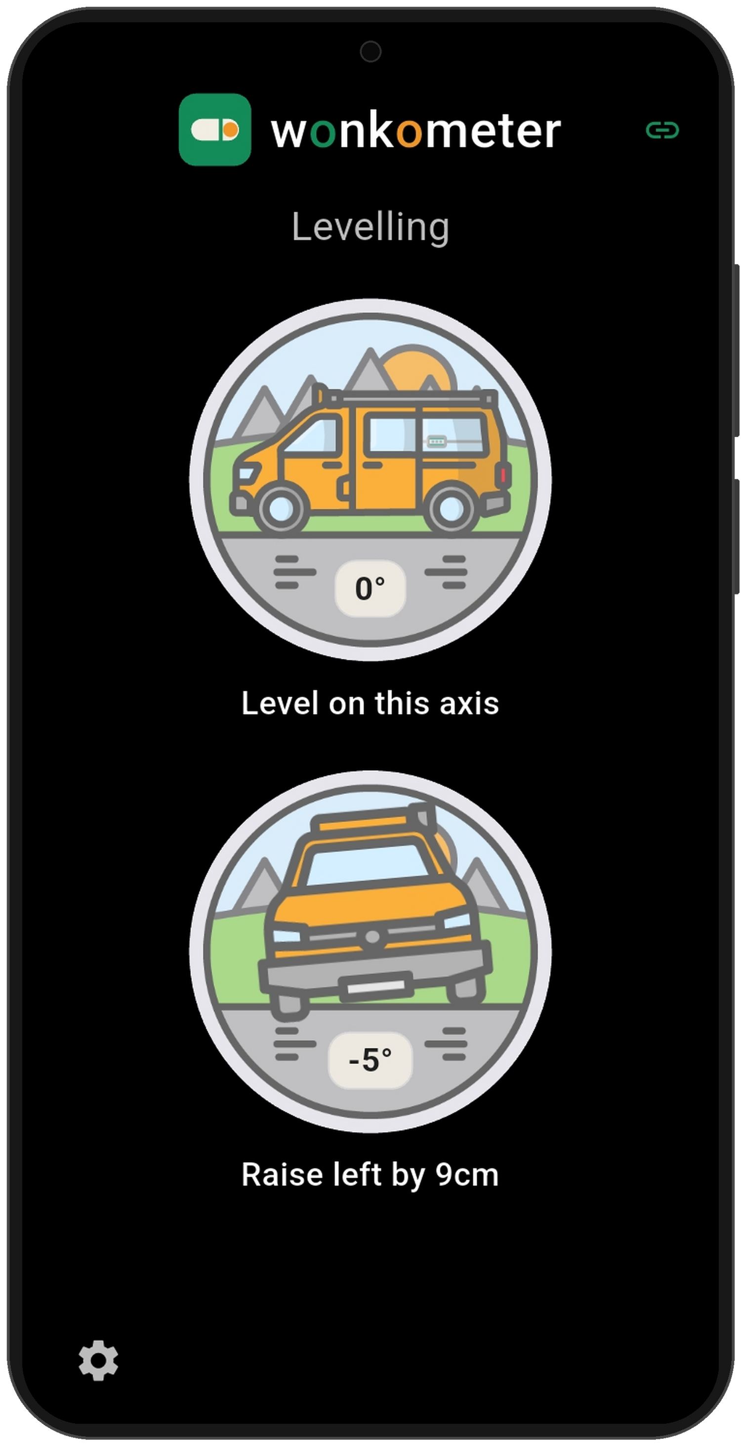 Wonkometer app on a phone in campervan mode showing level on the side axis at 0 degrees and the front view at minus 5 degrees with instruction Raise left by 9cm