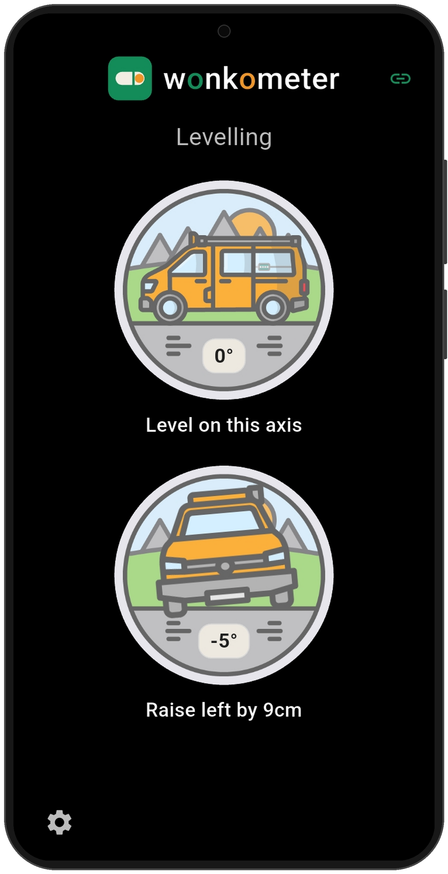 Wonkometer app on a phone in campervan mode showing level on the side axis at 0 degrees and the front view at minus 5 degrees with instruction Raise left by 9cm