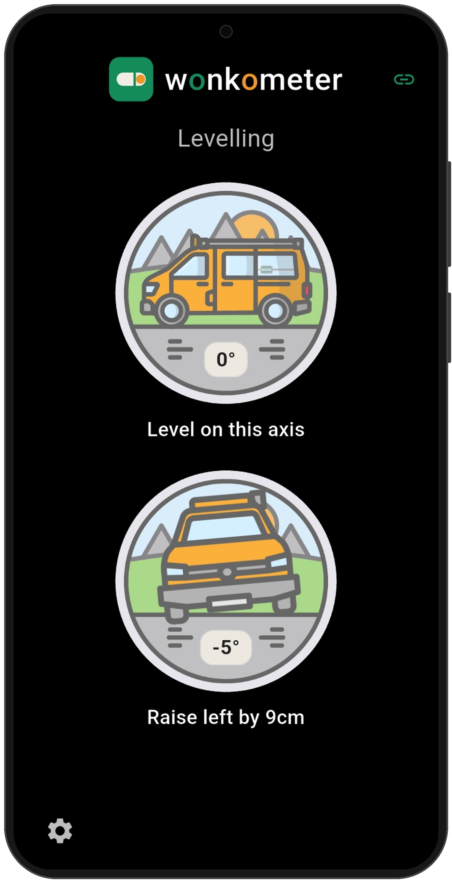 Wonkometer app on a phone in campervan mode showing level on the side axis at 0 degrees and the front view at minus 5 degrees with instruction Raise left by 9cm