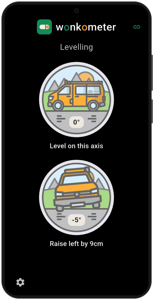 Wonkometer app on a phone in campervan mode showing level on the side axis at 0 degrees and the front view at minus 5 degrees with instruction Raise left by 9cm