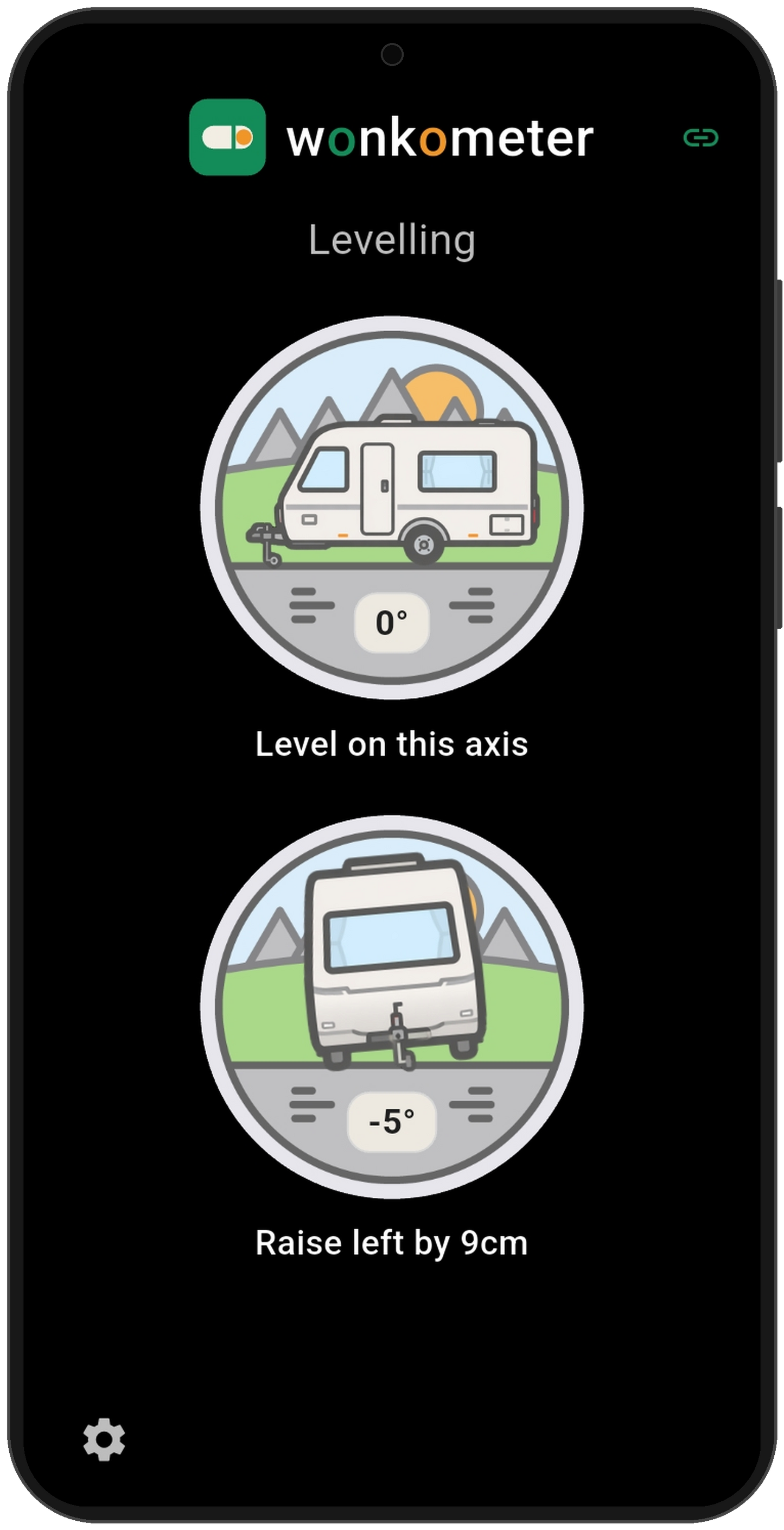 Wonkometer app on a phone in caravan mode showing level on the side axis at 0 degrees and the front view at minus 5 degrees with instruction Raise left by 9cm