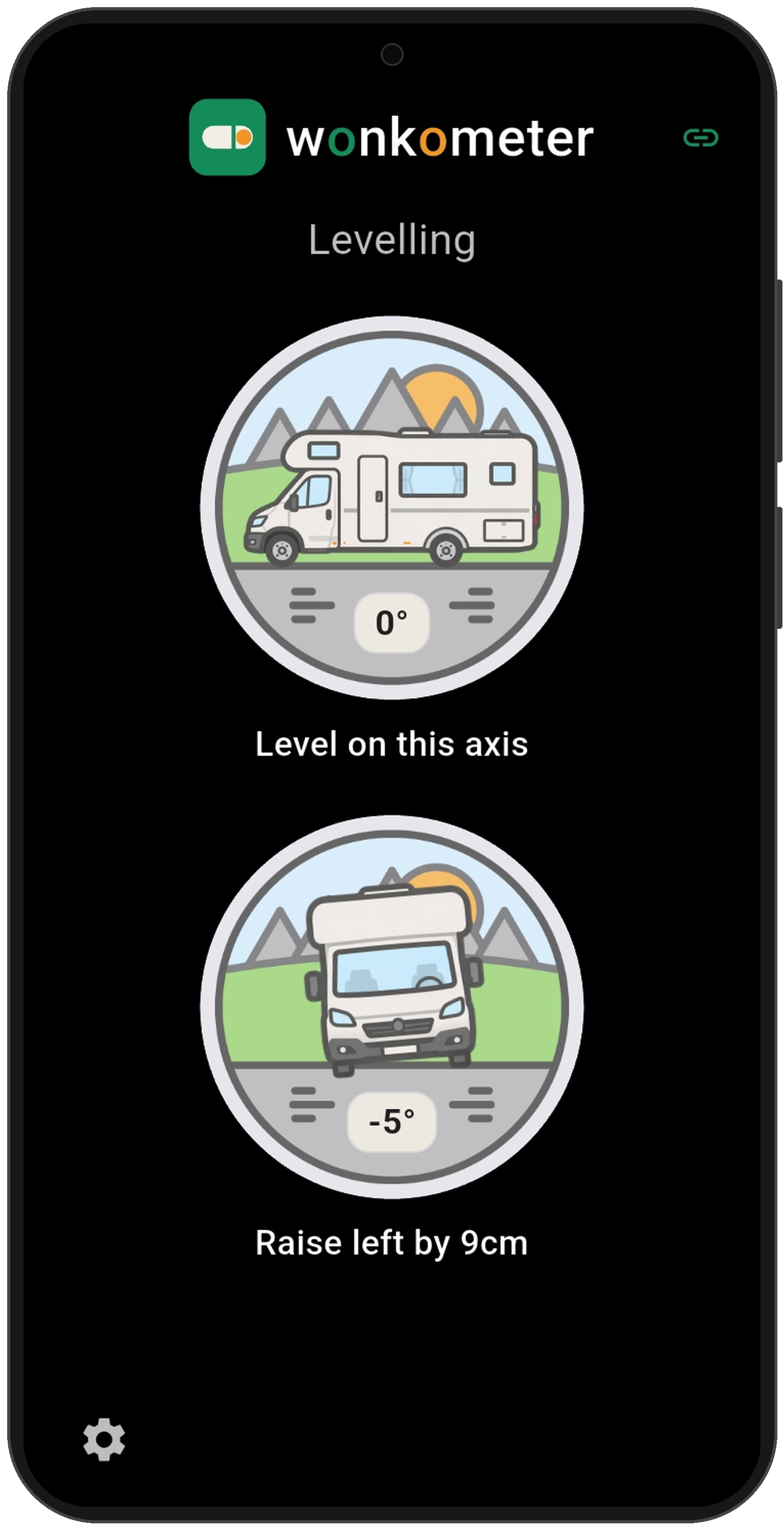 Wonkometer app on a phone in motorhome mode showing level on the side axis at 0 degrees and the front view at minus 5 degrees with instruction Raise left by 9cm