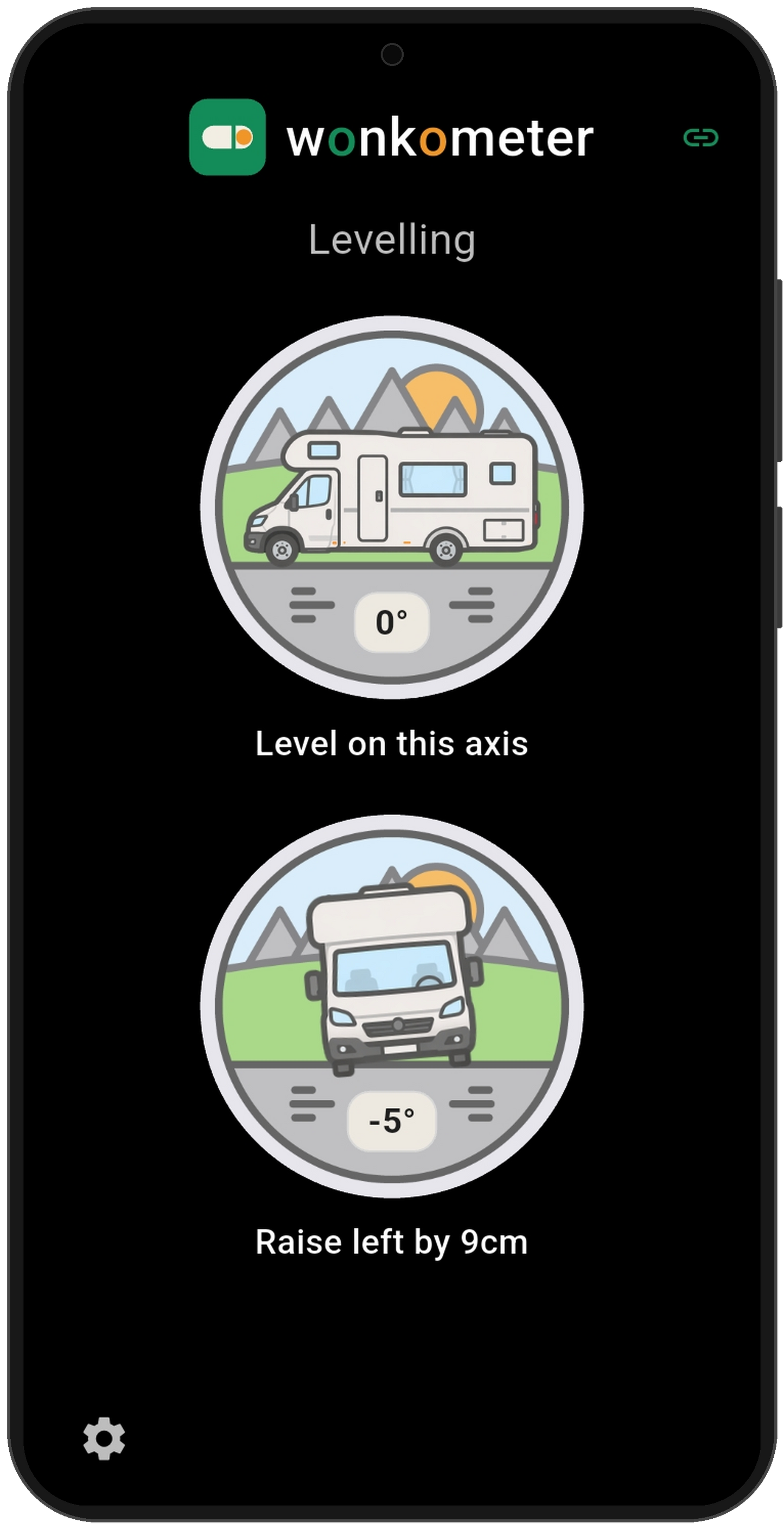 Wonkometer app on a phone in motorhome mode showing level on the side axis at 0 degrees and the front view at minus 5 degrees with instruction Raise left by 9cm