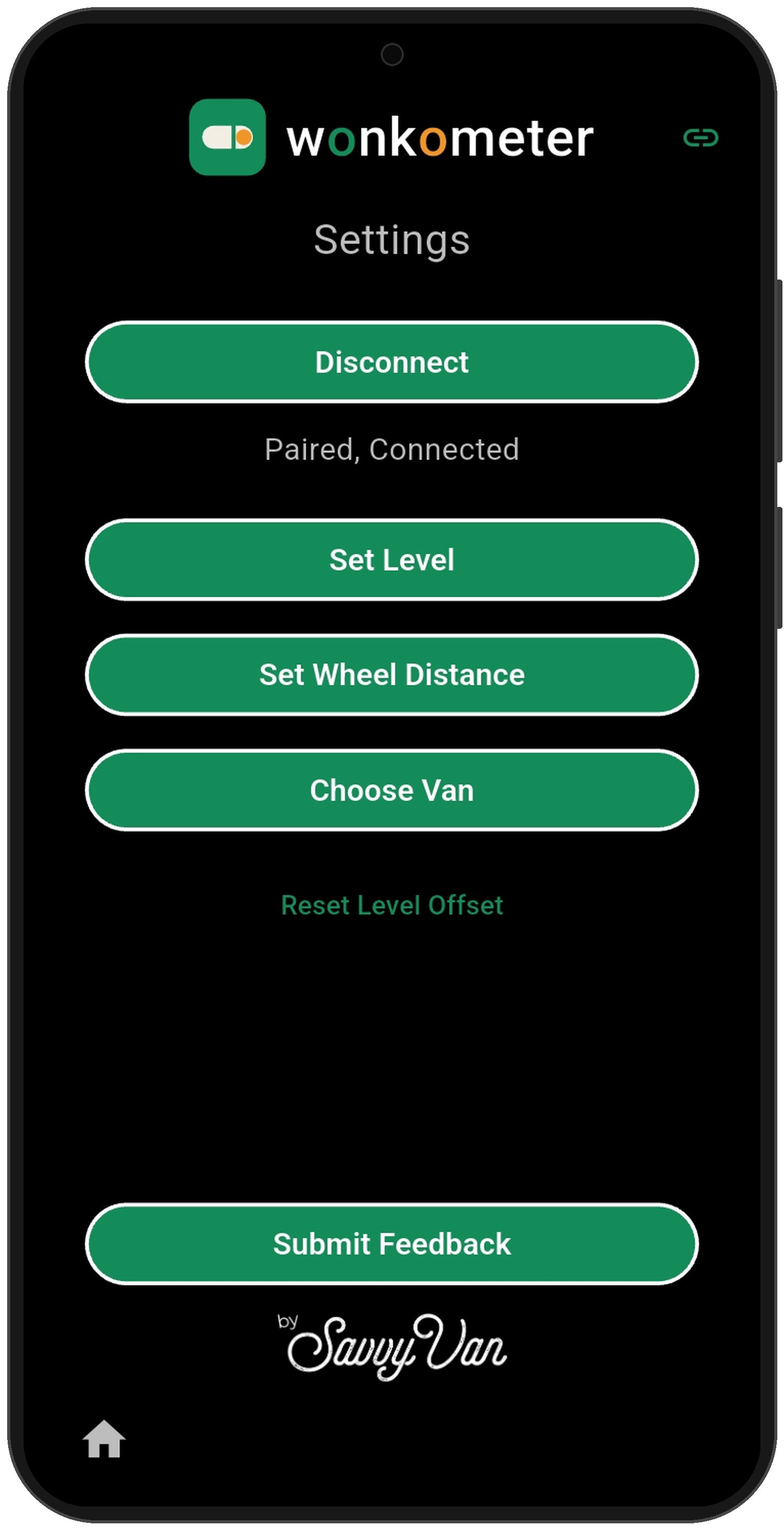 Wonkometer app settings screen on a phone showing paired and connected status with buttons to disconnect, set level, set wheel distance and choose van
