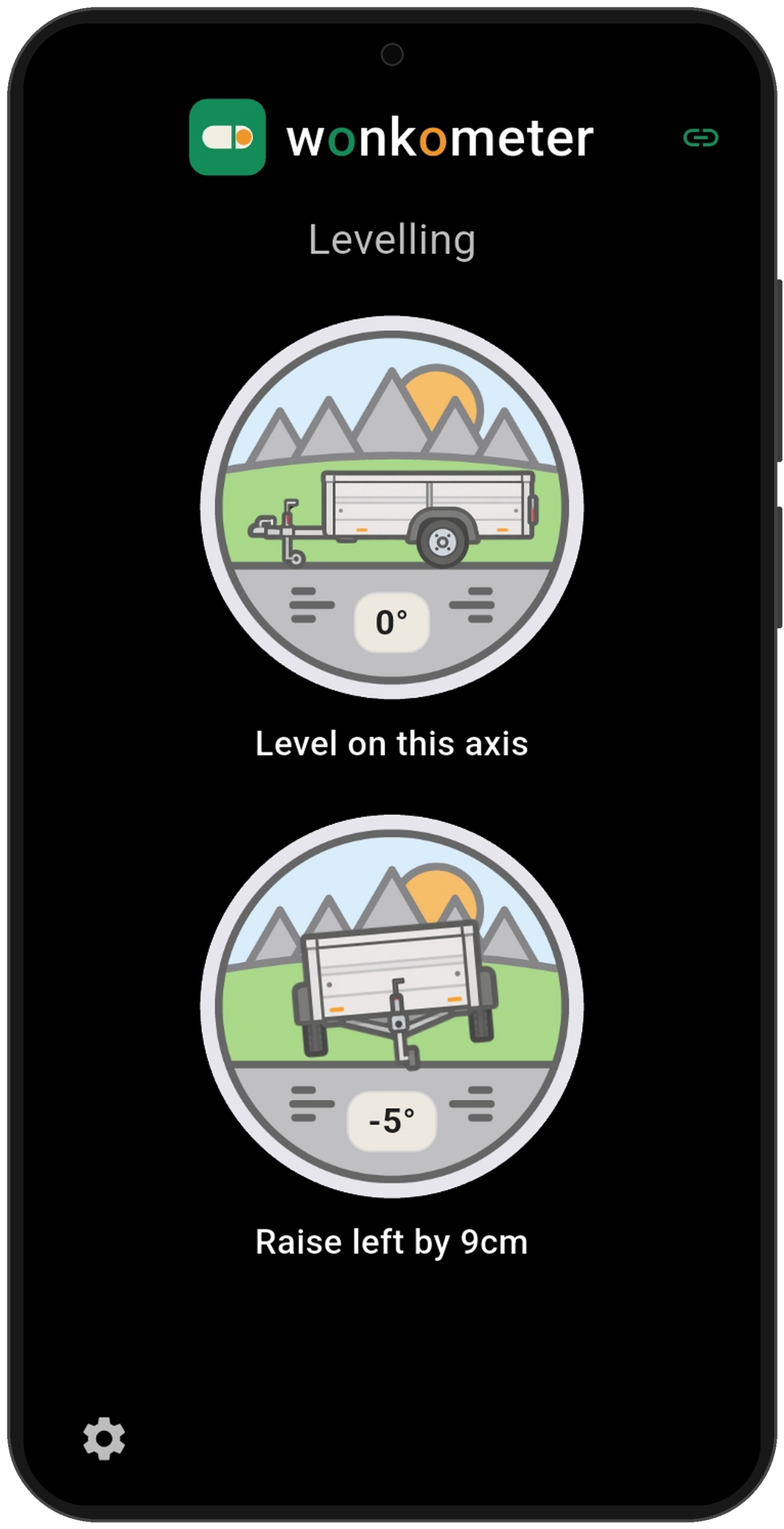 Wonkometer app on a phone in trailer mode showing level on the side axis at 0 degrees and the front view at minus 5 degrees with instruction Raise left by 9cm