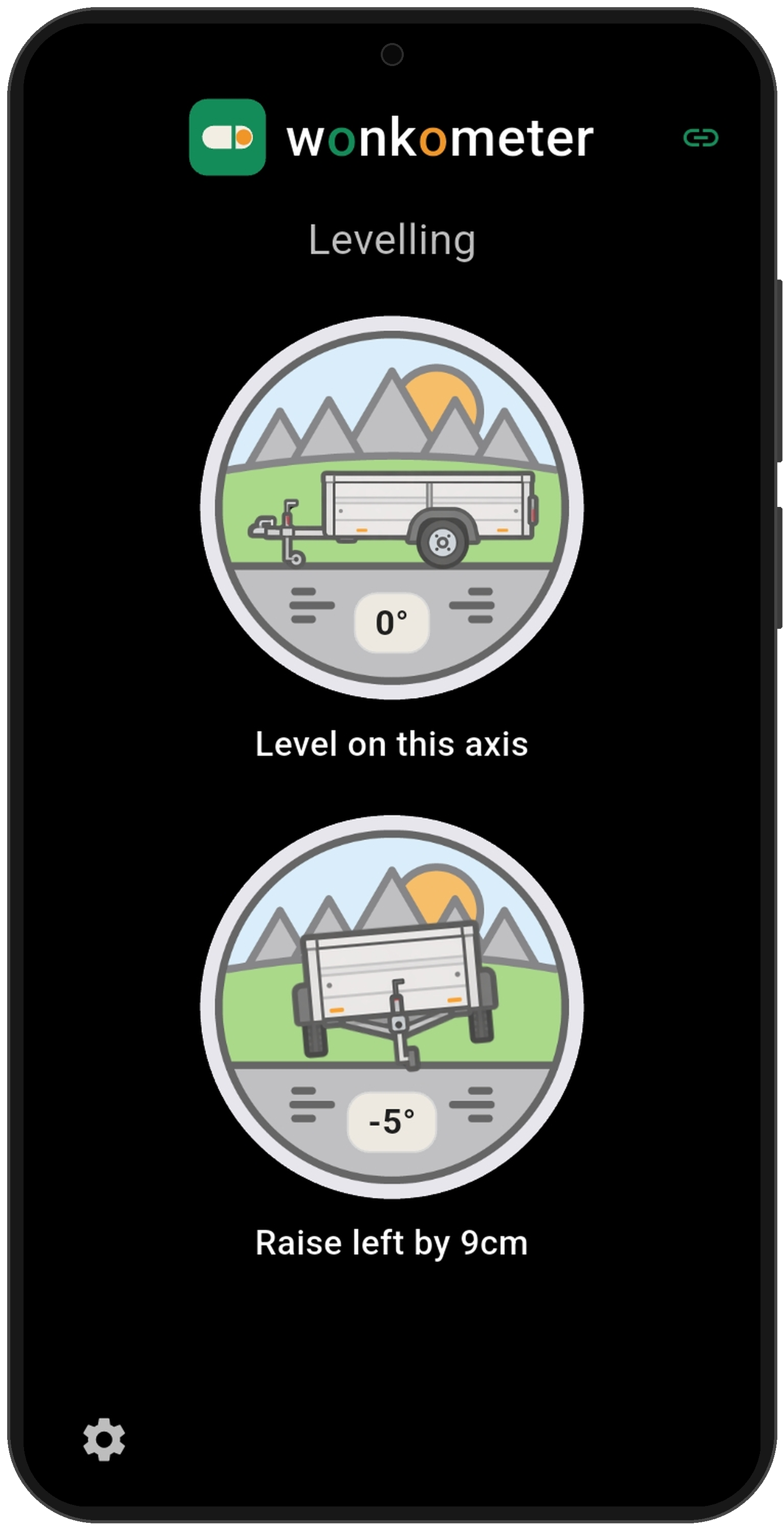 Wonkometer app on a phone in trailer mode showing level on the side axis at 0 degrees and the front view at minus 5 degrees with instruction Raise left by 9cm
