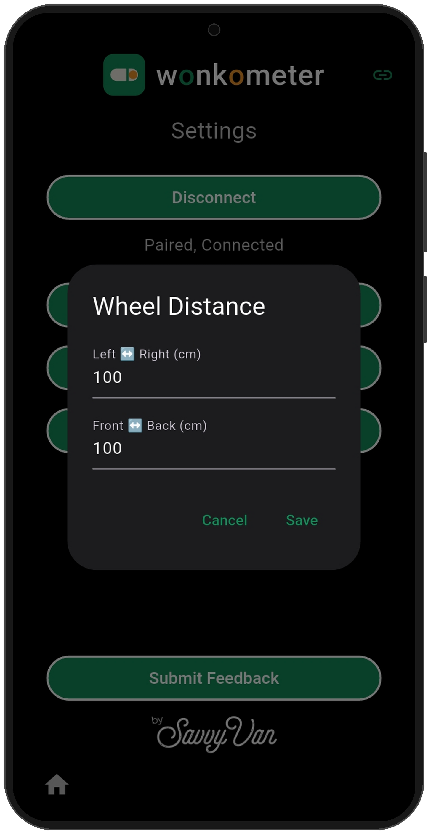 Wonkometer app wheel distance dialog on a phone with fields for left to right and front to back distance in centimetres