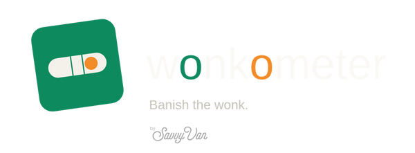 Wonkometer logo - tilted emerald rounded square with cream spirit level vial and orange bubble next to the lowercase wonkometer wordmark